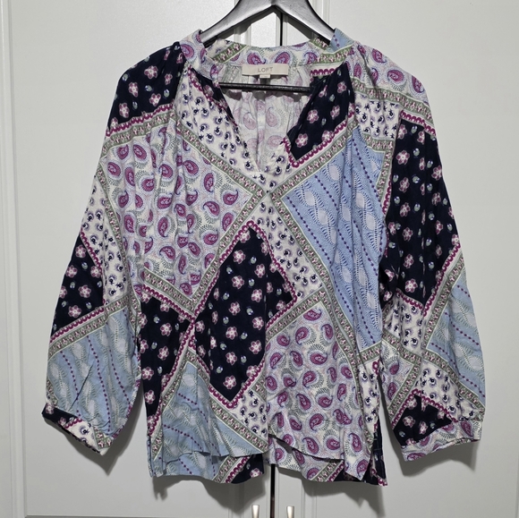 LOFT Tops - LOFT Paisley Boho Floral Patchwork Linen Blend Peasant Blouse 3/4 Raglan Sleeve